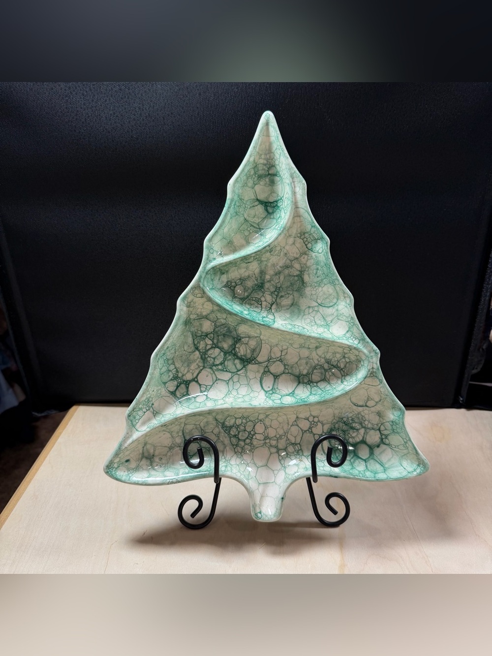 Handmade Ceramic Christmas Tree Divided Platter Signed MH ‘18 Green/White Swirl